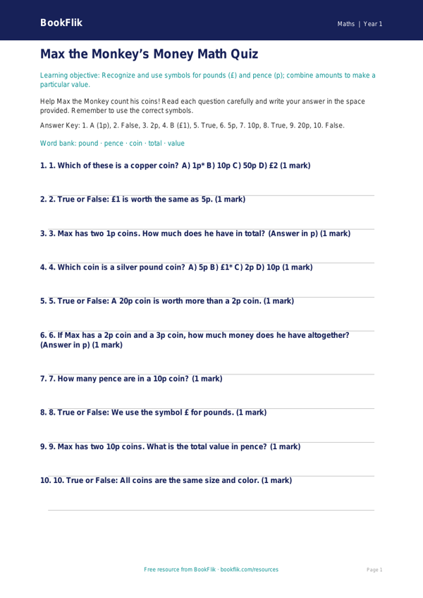 Free Money Quiz | Kindergarten | Math | BookFlik worksheet preview — Maths Money