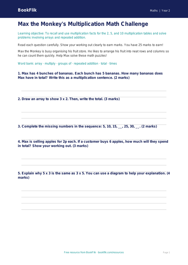 Free Multiplication Assessment | Grade 1 | Math | BookFlik worksheet preview — Maths Multiplication