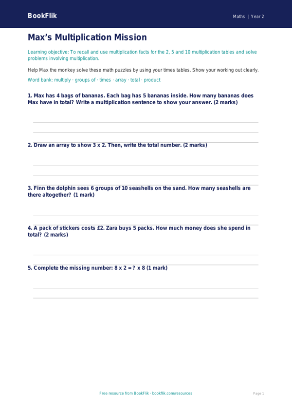 Free Multiplication Worksheet | Grade 1 | Math | BookFlik worksheet preview — Maths Multiplication