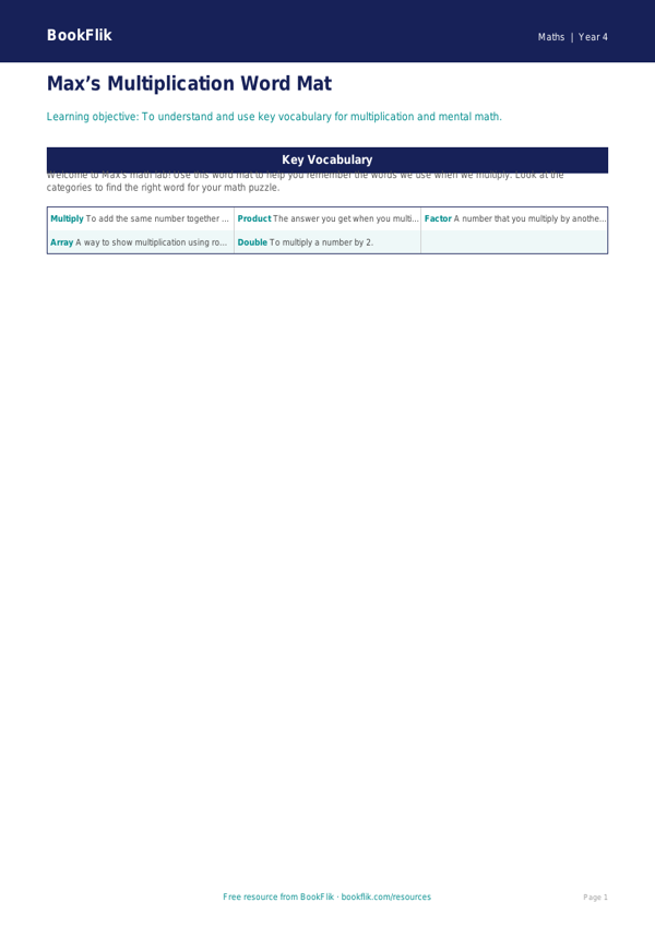 Free Multiplication Word Mat | Grade 3 | Math | BookFlik worksheet preview — Maths Multiplication