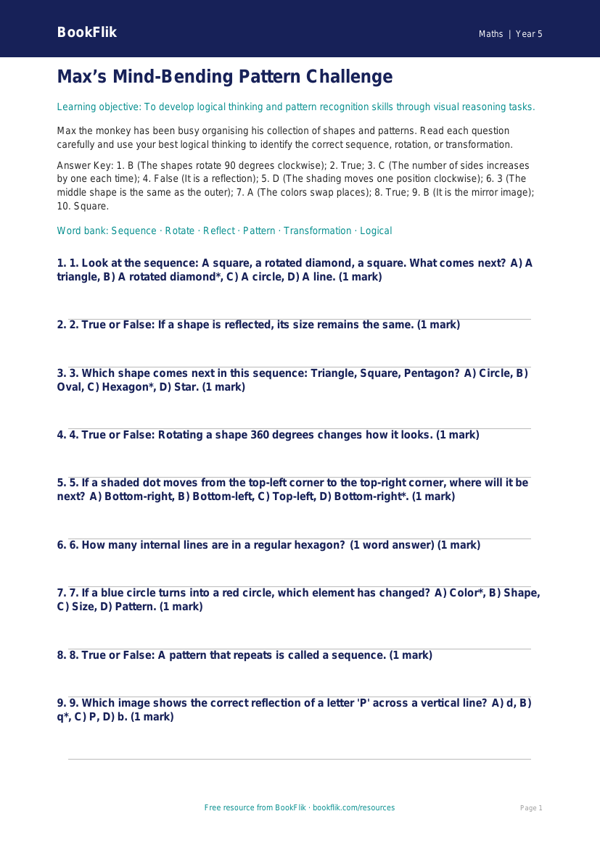 Grade 4 Math Logic & Non Verbal Reasoning Quiz | BookFlik worksheet preview — Maths Non Verbal Reasoning