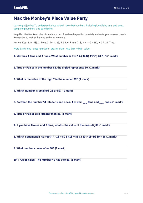 Free Place Value Quiz | Grade 1 | Math | BookFlik worksheet preview — Maths Place Value