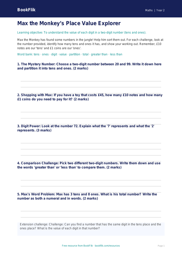 Free Place Value Template | Grade 1 | Math | BookFlik worksheet preview — Maths Place Value