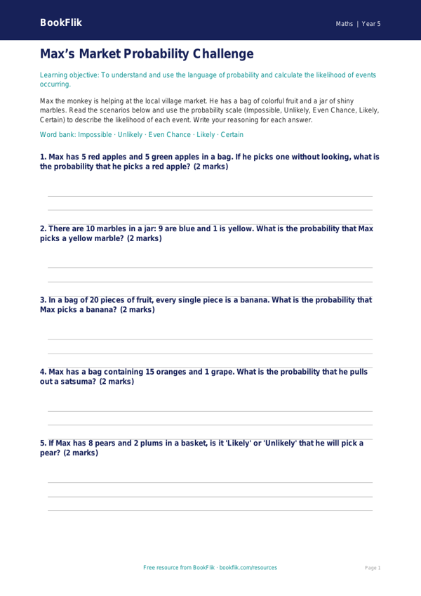 Free Probability Activity Sheet | Grade 4 | Math | BookFlik worksheet preview — Maths Probability
