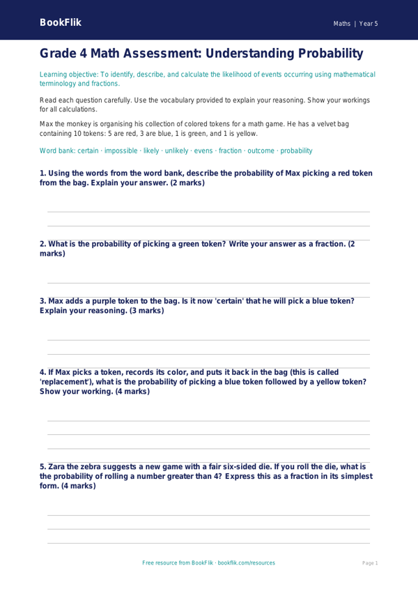 Free Probability Assessment | Grade 4 | Math | BookFlik worksheet preview — Maths Probability