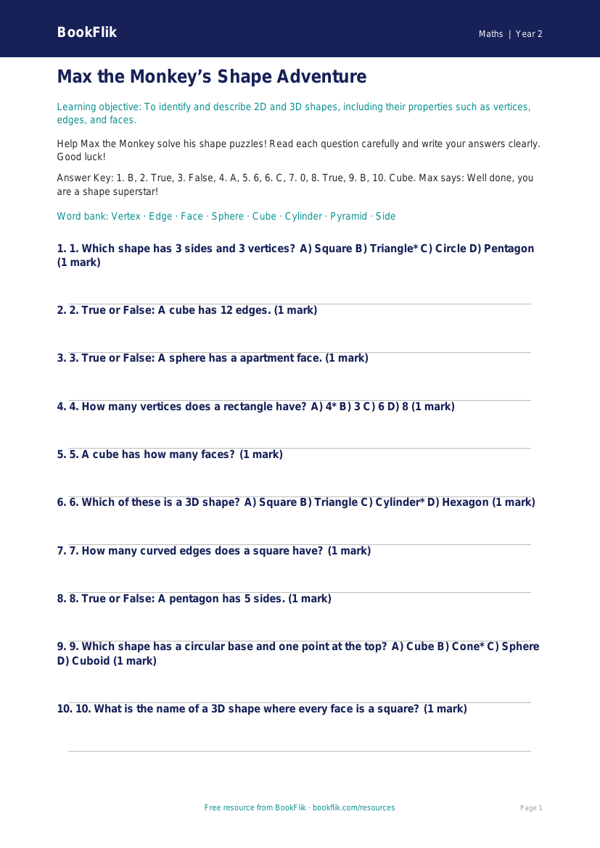Free Shape Quiz | Grade 1 | Math | BookFlik worksheet preview — Maths Shape