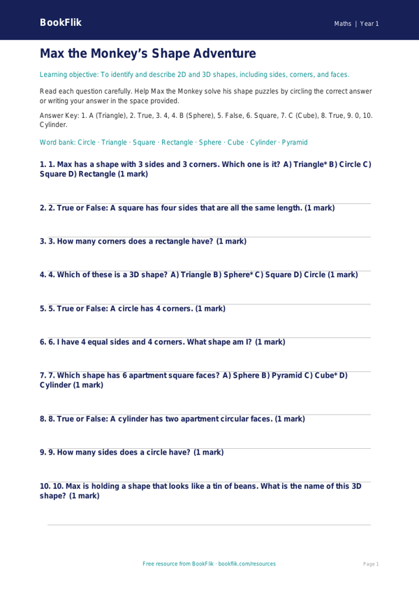Free Shape Quiz | Kindergarten Math | BookFlik worksheet preview — Maths Shape