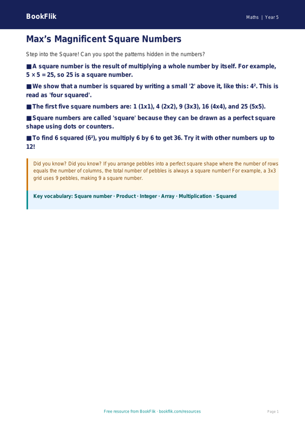 Free Square Numbers Poster | Grade 4 | Math | BookFlik worksheet preview — Maths Square Numbers