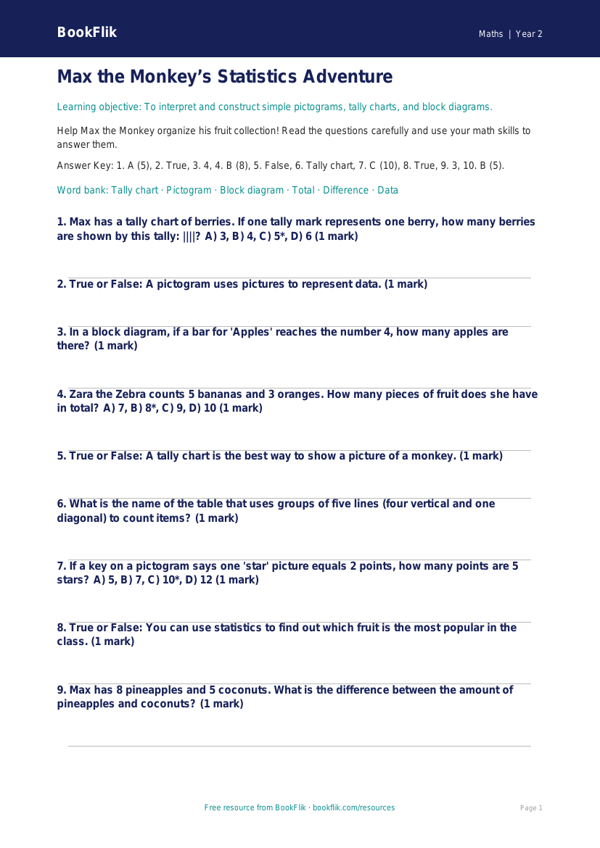 Free Statistics Quiz | Grade 1 | Math | BookFlik worksheet preview — Maths Statistics
