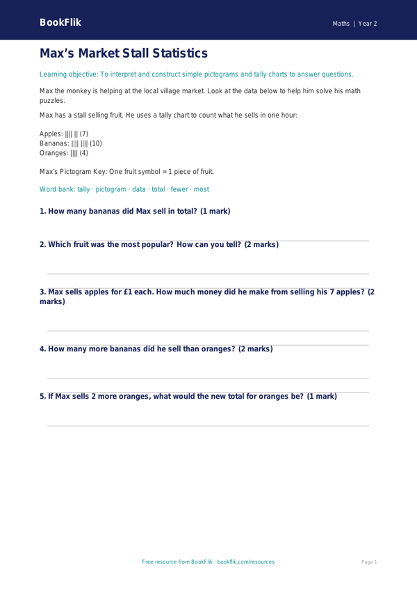 Free Statistics Worksheet | Grade 1 | Math | BookFlik worksheet preview — Maths Statistics