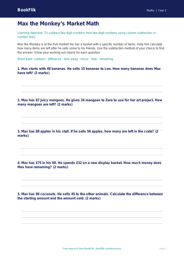 Free Subtraction Activity Sheet | Grade 1 | Math | BookFlik worksheet preview — Maths Subtraction