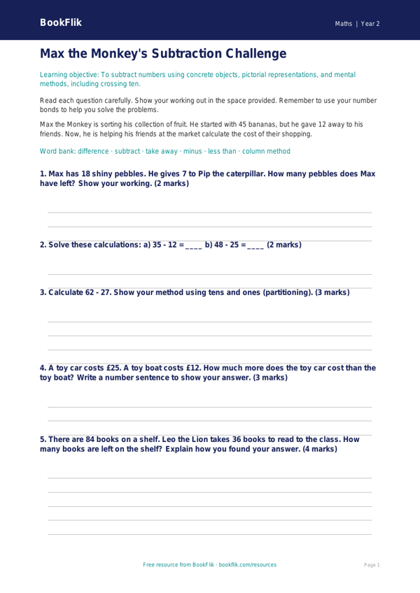Free Subtraction Assessment | Grade 1 | Math | BookFlik worksheet preview — Maths Subtraction