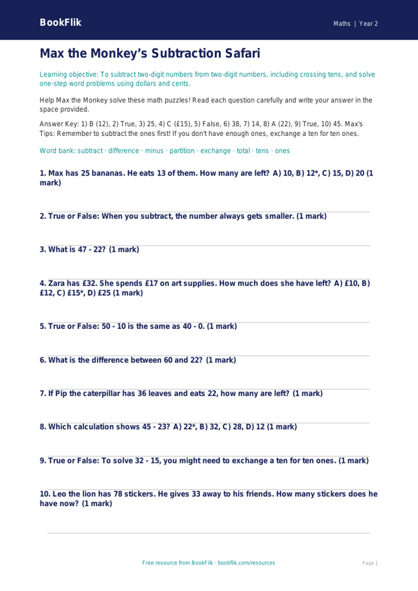 Free Subtraction Quiz | Grade 1 | Math | BookFlik worksheet preview — Maths Subtraction