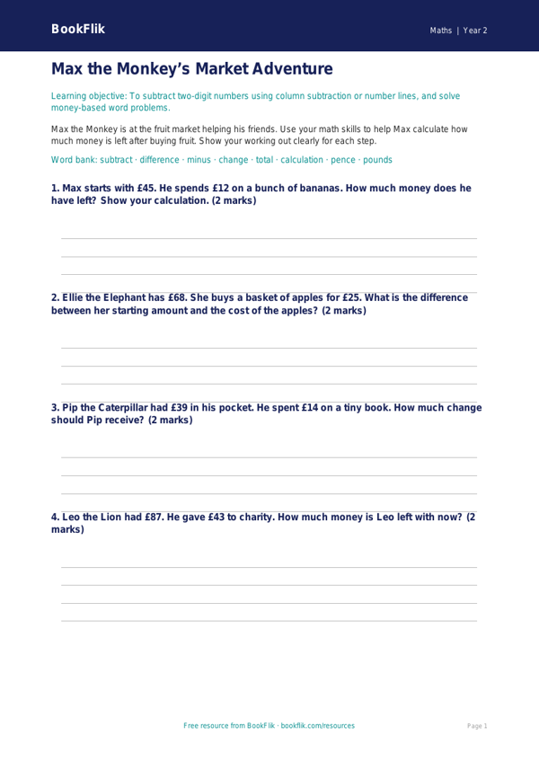 Free Subtraction Template | Grade 1 | Math | BookFlik worksheet preview — Maths Subtraction
