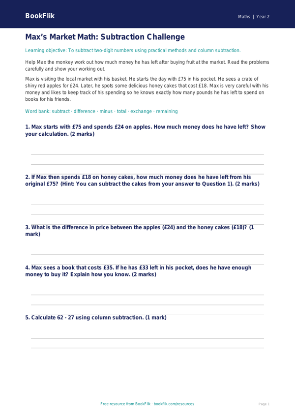 Free Subtraction Track Sheet | Grade 1 | Math | BookFlik worksheet preview — Maths Subtraction