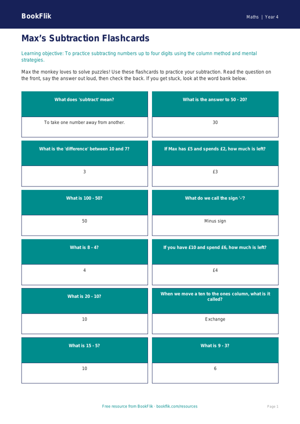 Free Subtraction Flashcards | Grade 3 | Math | BookFlik worksheet preview — Maths Subtraction