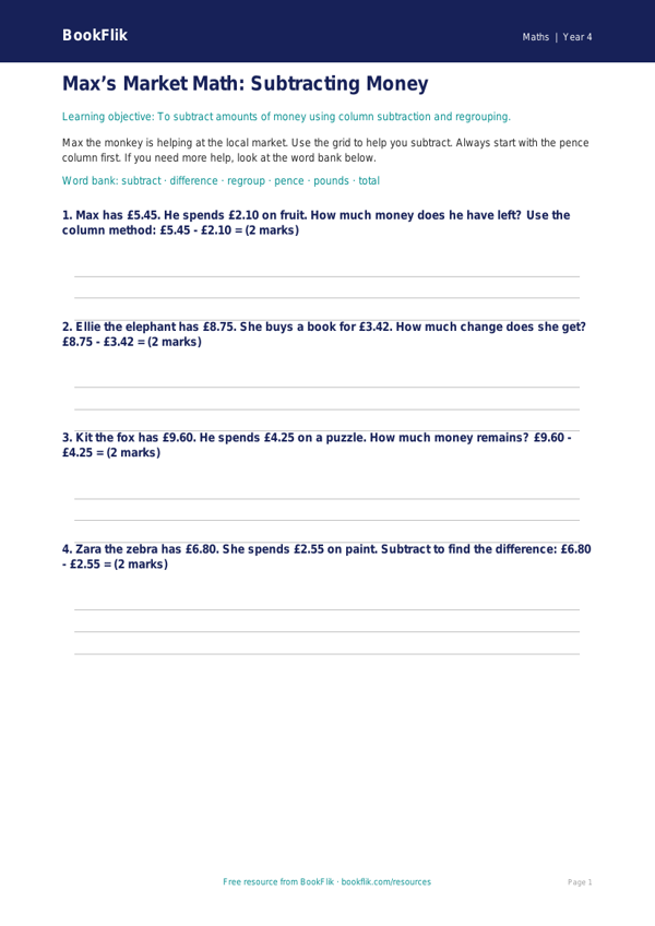 Free Subtraction Worksheet | Grade 3 | Math | BookFlik worksheet preview — Maths Subtraction