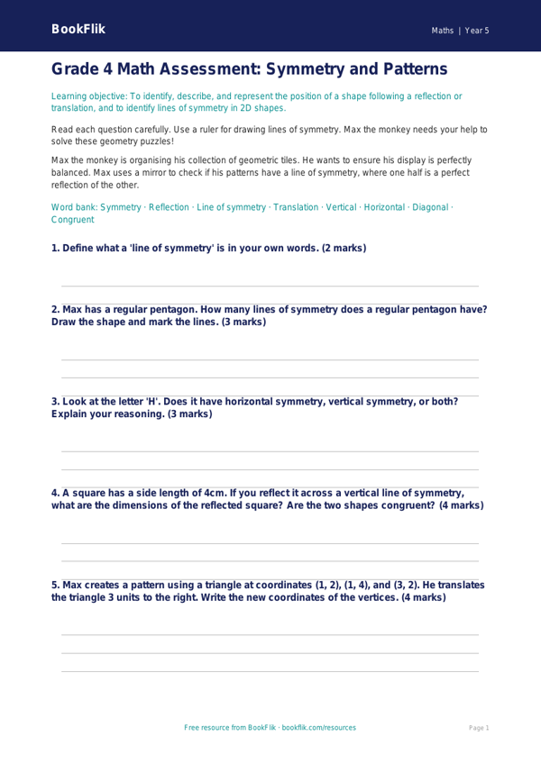 Free Symmetry Assessment | Grade 4 | Math | BookFlik worksheet preview — Maths Symmetry