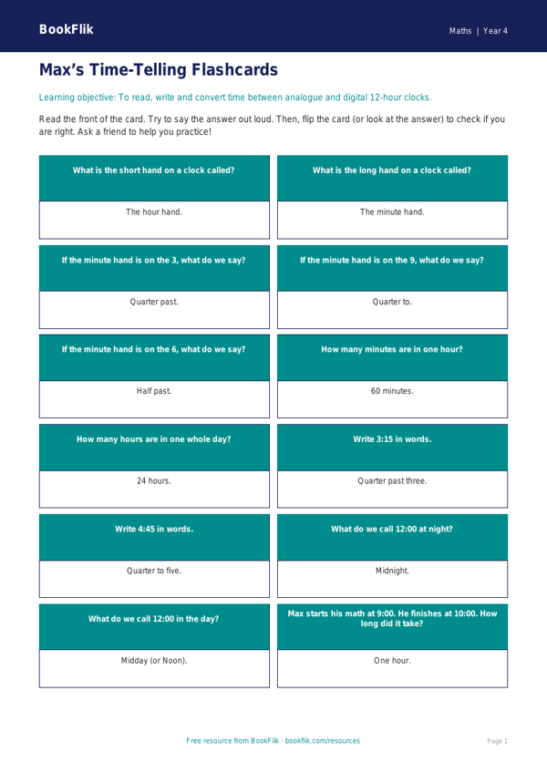 Time Flashcards Grade 3 Free | Math Practice | BookFlik worksheet preview — Maths Time