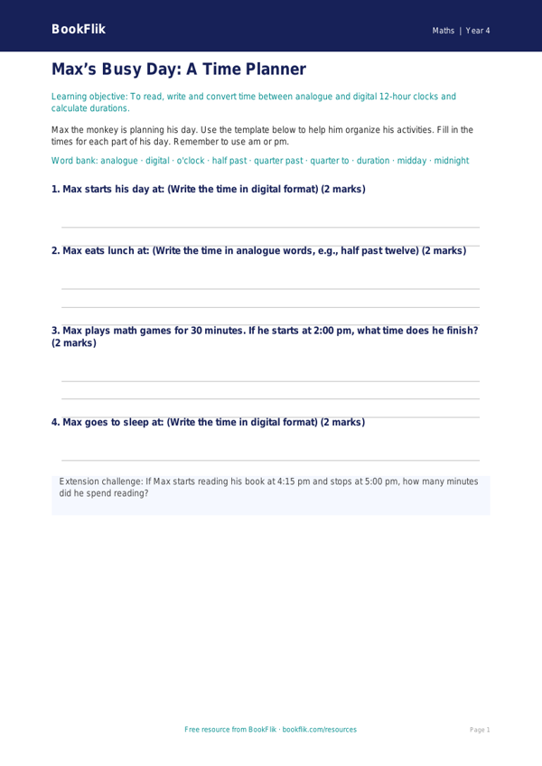 Time Template Grade 3 | Math Practice | BookFlik worksheet preview — Maths Time