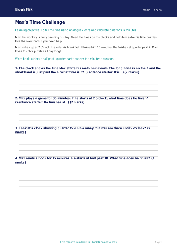 Free Time Track Sheet | Grade 3 | Math | BookFlik worksheet preview — Maths Time