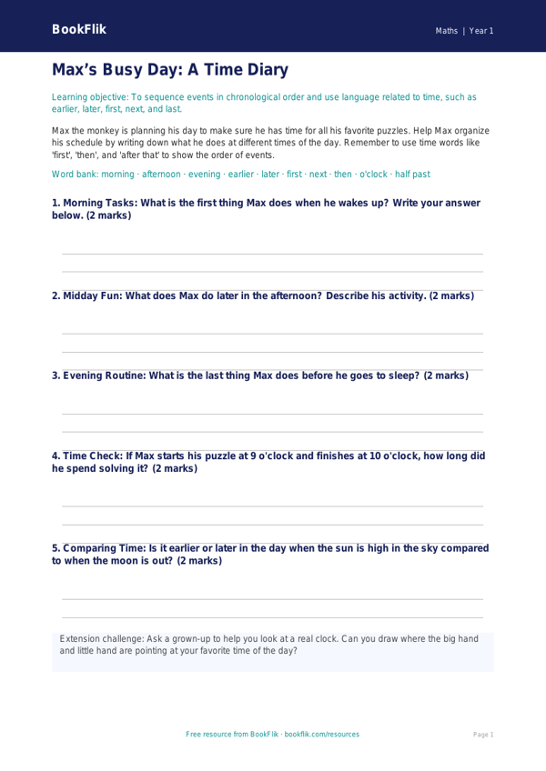 Free Time Template | Kindergarten | Math | BookFlik worksheet preview — Maths Time