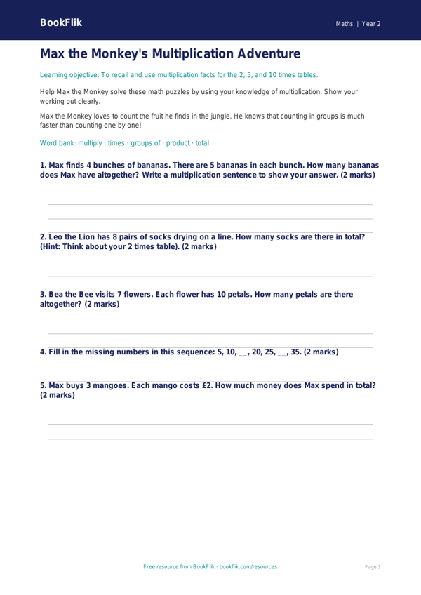 Free Times Tables Worksheet | Grade 1 | Math | BookFlik worksheet preview — Maths Times Tables