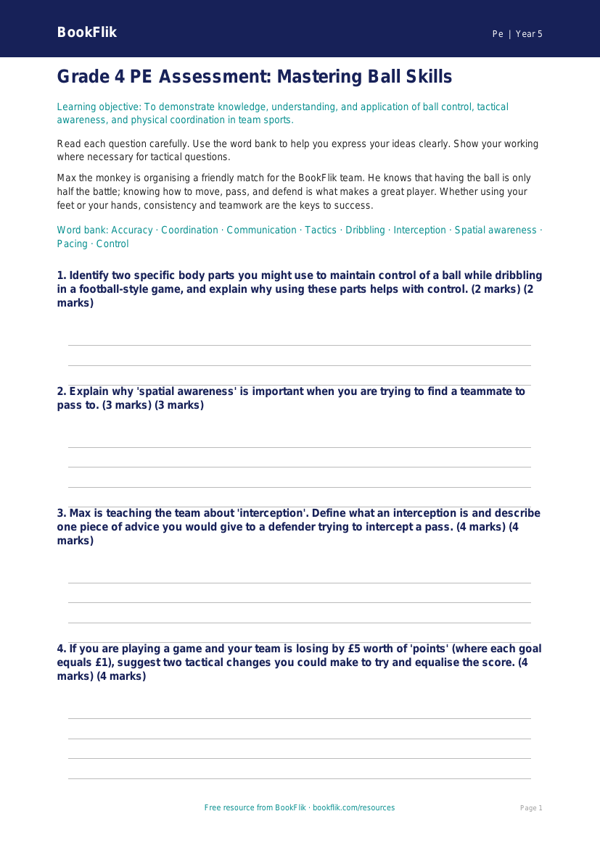 Free Ball Skills Assessment | Grade 4 | Physical Education | BookFlik worksheet preview — Pe Ball Skills
