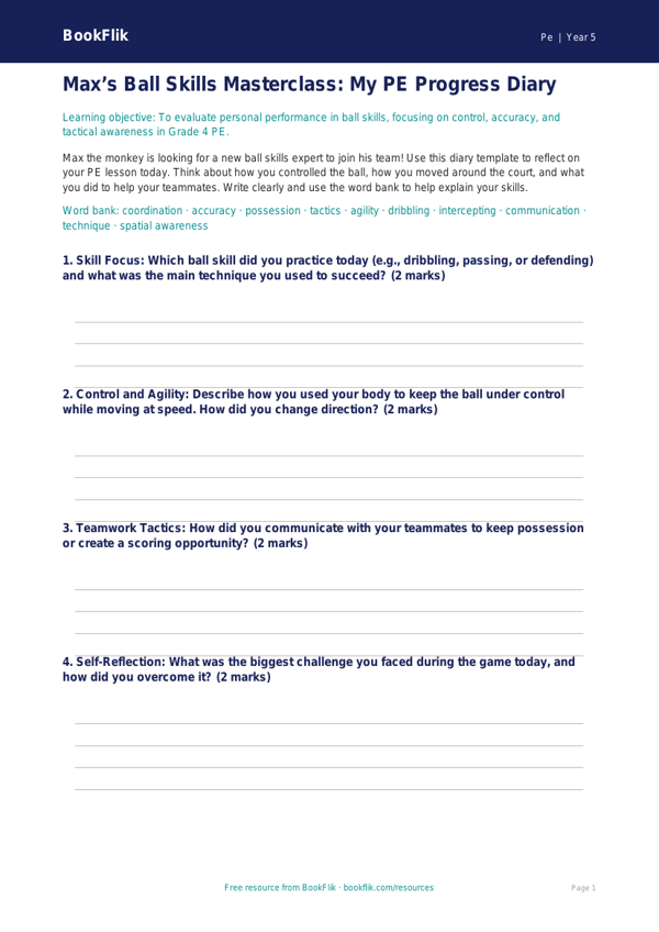 Free Ball Skills Template | Grade 4 | Physical Education | BookFlik worksheet preview — Pe Ball Skills