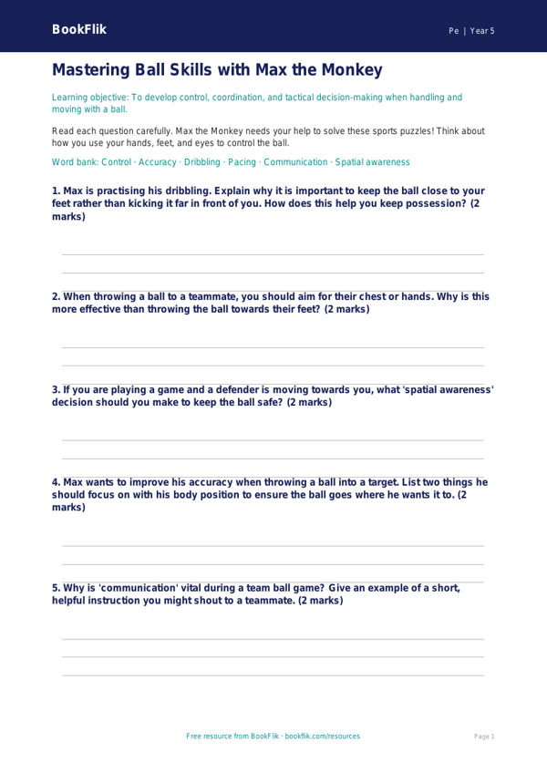 Free Ball Skills Worksheet | Grade 4 | Physical Education | BookFlik worksheet preview — Pe Ball Skills