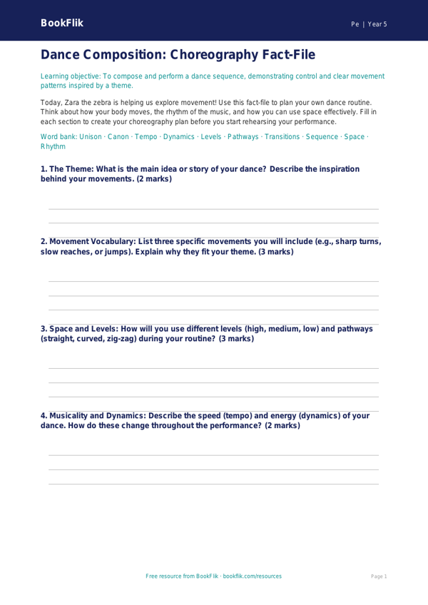Free Dance Template | Grade 4 | Physical Education | BookFlik worksheet preview — Pe Dance