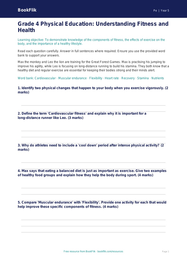 Fitness Assessment Grade 4 | Physical Education Worksheets | BookFlik worksheet preview — Pe Fitness