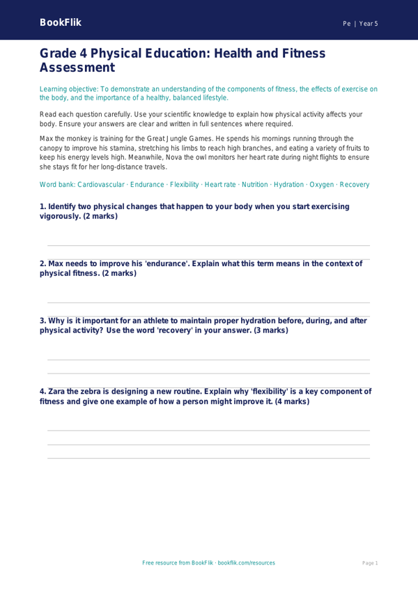 Free Health And Fitness Assessment | Grade 4 | Physical Education | BookFlik worksheet preview — Pe Health And Fitness