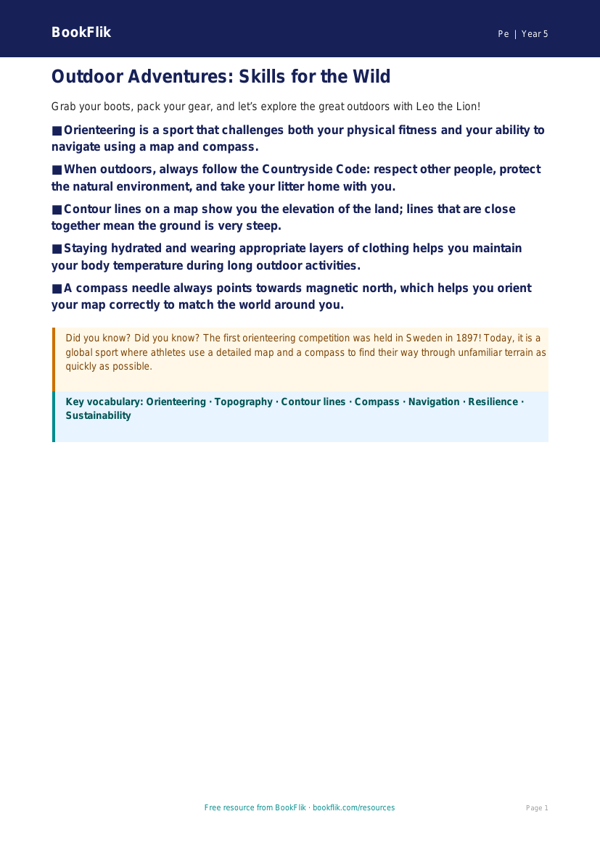 Free Outdoor Adventures Poster | Grade 4 | Physical Education | BookFlik worksheet preview — Pe Outdoor Adventures