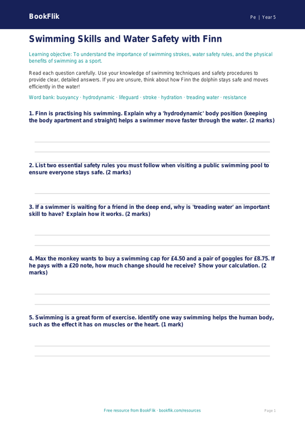 Free Swimming Worksheet | Grade 4 | Physical Education | BookFlik worksheet preview — Pe Swimming