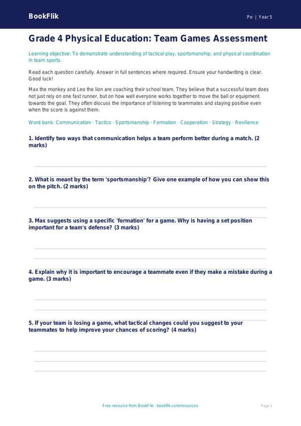Free Team Games Assessment | Grade 4 | Physical Education | BookFlik worksheet preview — Pe Team Games