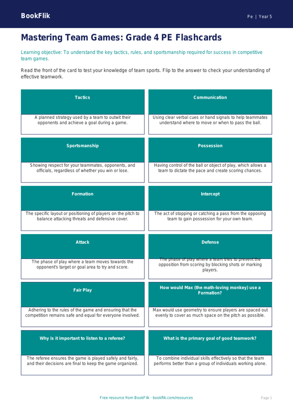 Free Team Games Flashcards | Grade 4 | Physical Education | BookFlik worksheet preview — Pe Team Games