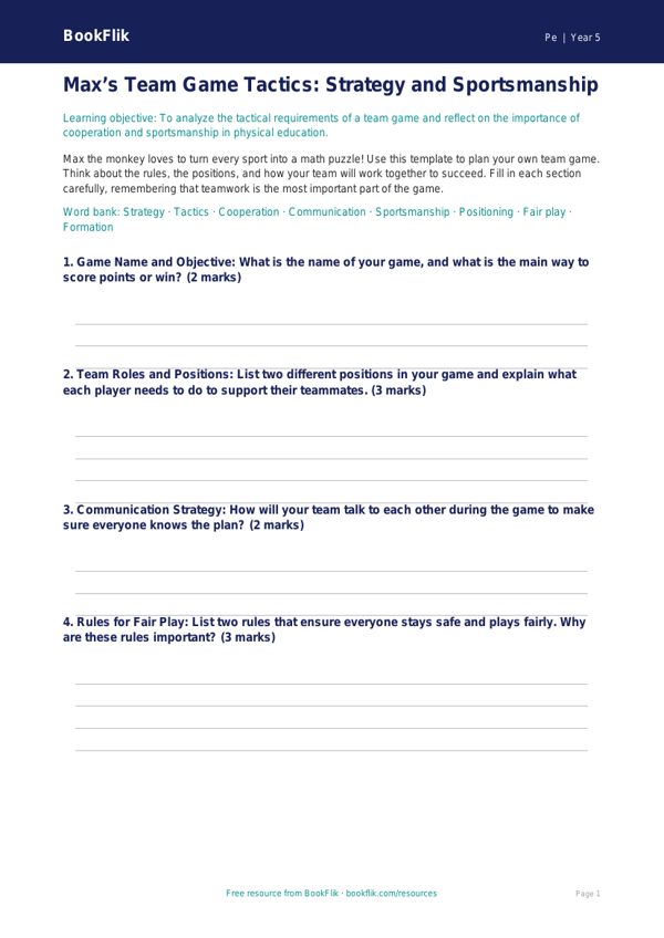 Free Team Games Template | Grade 4 | Physical Education | BookFlik worksheet preview — Pe Team Games