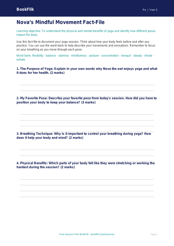 Yoga Template for Grade 4 Students | Physical Education | BookFlik worksheet preview — Pe Yoga
