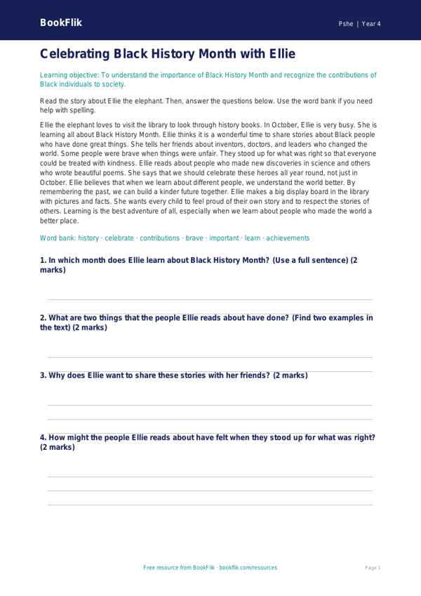 Free Black History Month Comprehension | Grade 3 | Health & Wellness | BookFlik worksheet preview — Pshe Black History Month