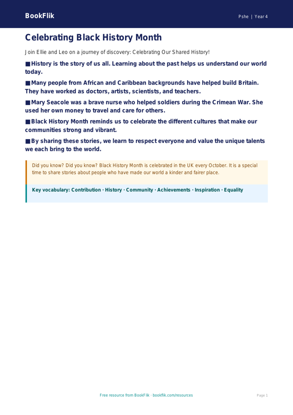 Free Black History Month Poster | Grade 3 | Health & Wellness | BookFlik worksheet preview — Pshe Black History Month