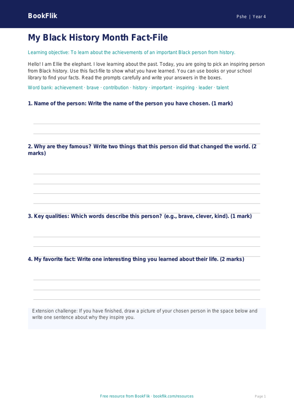 Free Black History Month Template | Grade 3 | Health & Wellness | BookFlik worksheet preview — Pshe Black History Month