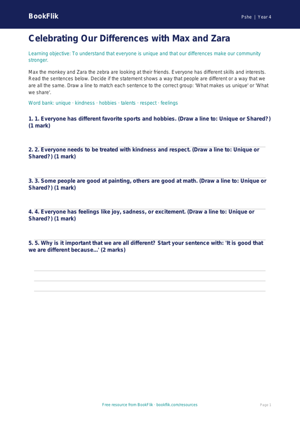 Free Diversity And Inclusion Activity Sheet | Grade 3 | Health & Wellness | BookFlik worksheet preview — Pshe Diversity And Inclusion
