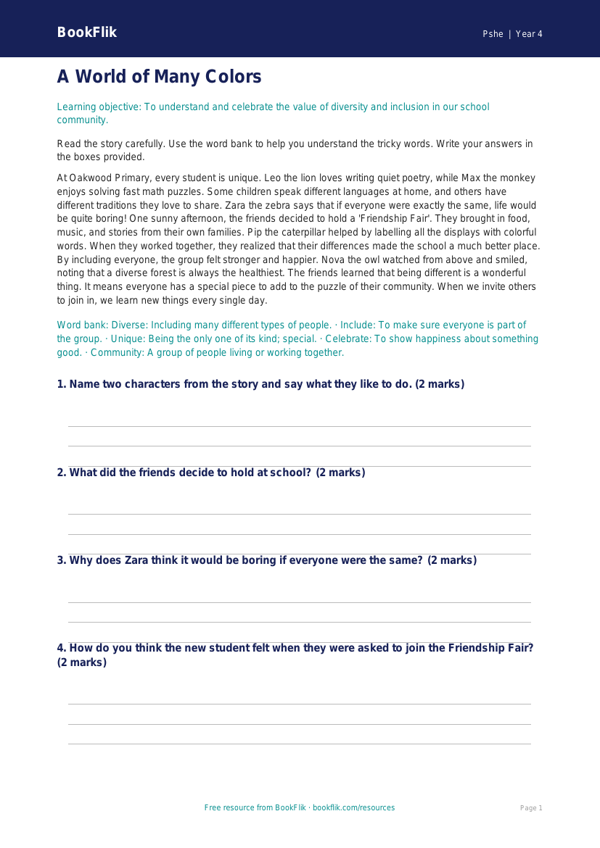 Free Diversity And Inclusion Comprehension | Grade 3 | Health & Wellness | BookFlik worksheet preview — Pshe Diversity And Inclusion