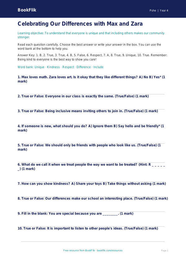 Free Diversity And Inclusion Quiz | Grade 3 | Health & Wellness | BookFlik worksheet preview — Pshe Diversity And Inclusion