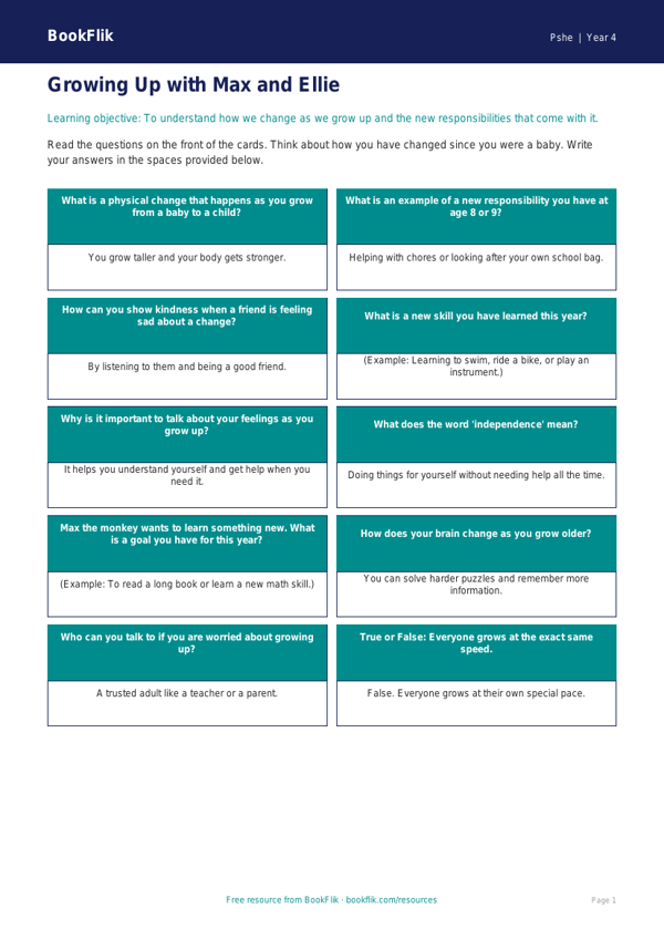 Free Growing Up Flashcards | Grade 3 | Health & Wellness | BookFlik worksheet preview — Pshe Growing Up
