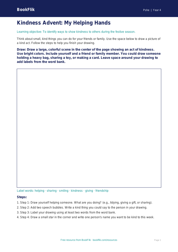 Free Kindness Advent Drawing Sheet | Grade 3 | Health & Wellness | BookFlik worksheet preview — Pshe Kindness Advent