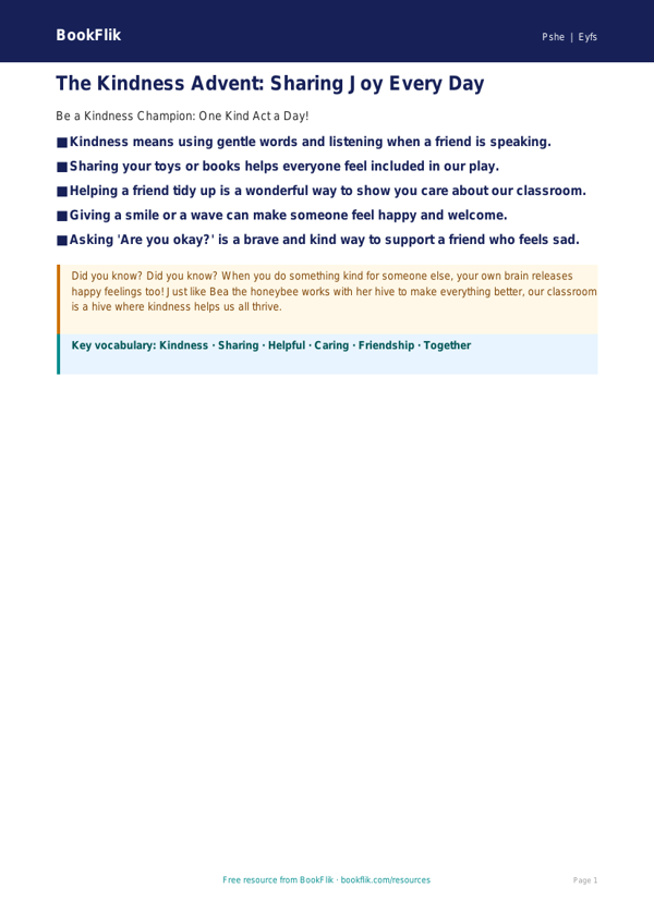 Free Kindness Advent Poster | Pre-K | Health & Wellness | BookFlik worksheet preview — Pshe Kindness Advent
