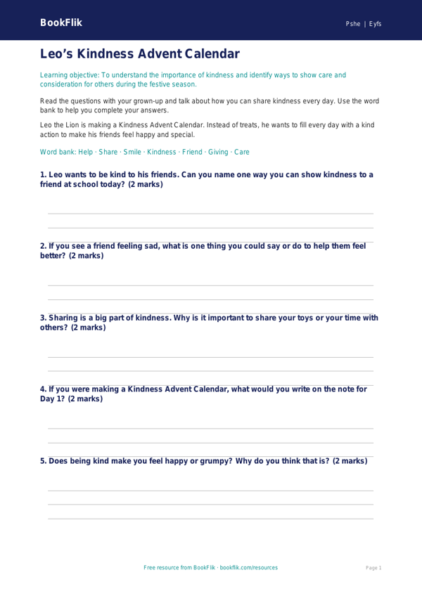 Free Kindness Advent Worksheet | Pre-K | Health & Wellness | BookFlik worksheet preview — Pshe Kindness Advent