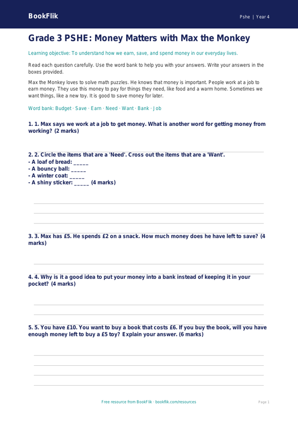 Money Assessment Grade 3 Free | Health & Wellness | BookFlik worksheet preview — Pshe Money